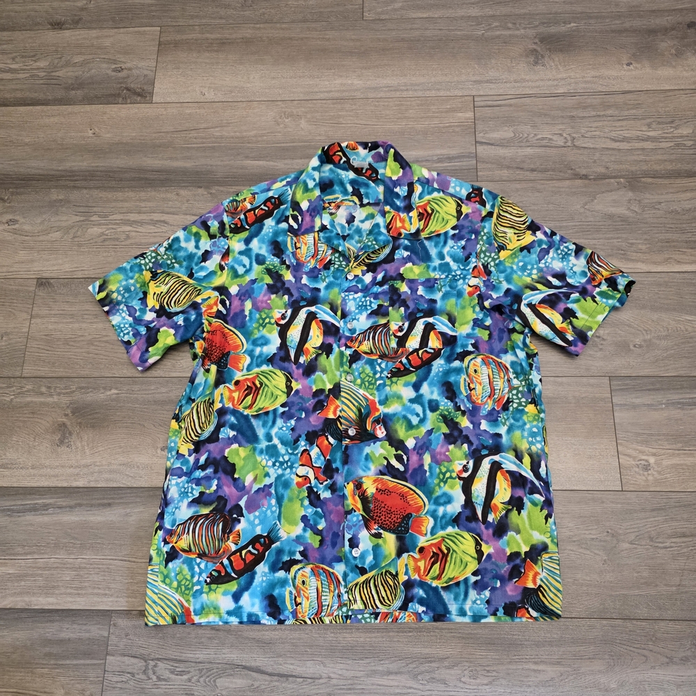 Men's Short-Sleeve Tropical Fish Print Shirt - Blue Multi
